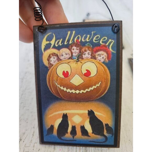 Wooden pumpkin Halloween postcard ornament shabby chic children unique tree cat - Picture 2 of 5
